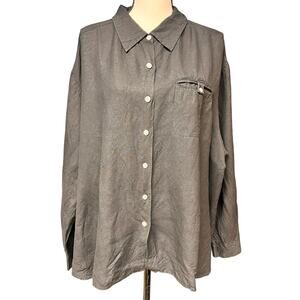 vintage plus size women's linen blend black button down long sleeve shirt 2XL